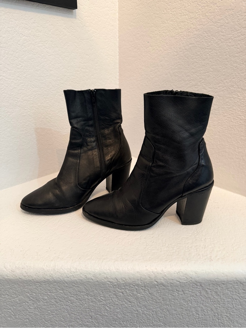 Topshop Black Leather Mid-Calf Block Heel Boots